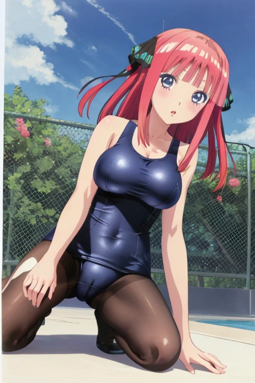 best quality, ultra-detailed masterpiece, anime art style, cute characters, nino nakano, one-piece swimsuit, large breasts, pantyhose, open legs