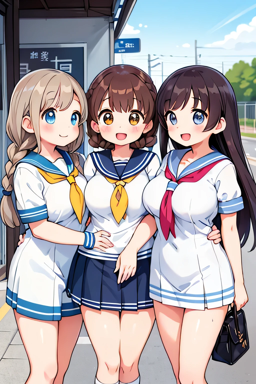 (Highest quality:1.4)、Ultra-high resolution、Detailed Background、masterpiece、Anatomically correct、Detailed face、(Beautiful face in every detail:1.3)、cute  girl、brown hair or cute hair color、Braided Bob、Braided Hairstyles、(Huge breasts:1.1)、Realistic、Perfect body line、charm、
(sexy white sailor suit:1.2)、(light blue sailor color:1.2)、Checkered pleated mini skirt、White knee-high socks、Absolute area、Accentuate your breasts、Accentuate your cleavage、Cowboy Shot、
(Three female friends are looking at each other with happy expressions.:1.5)、
On the way to school、Wait for the train at the station platform、Big smile、A playful atmosphere、Interact&#39;Body、cute gesture、cute