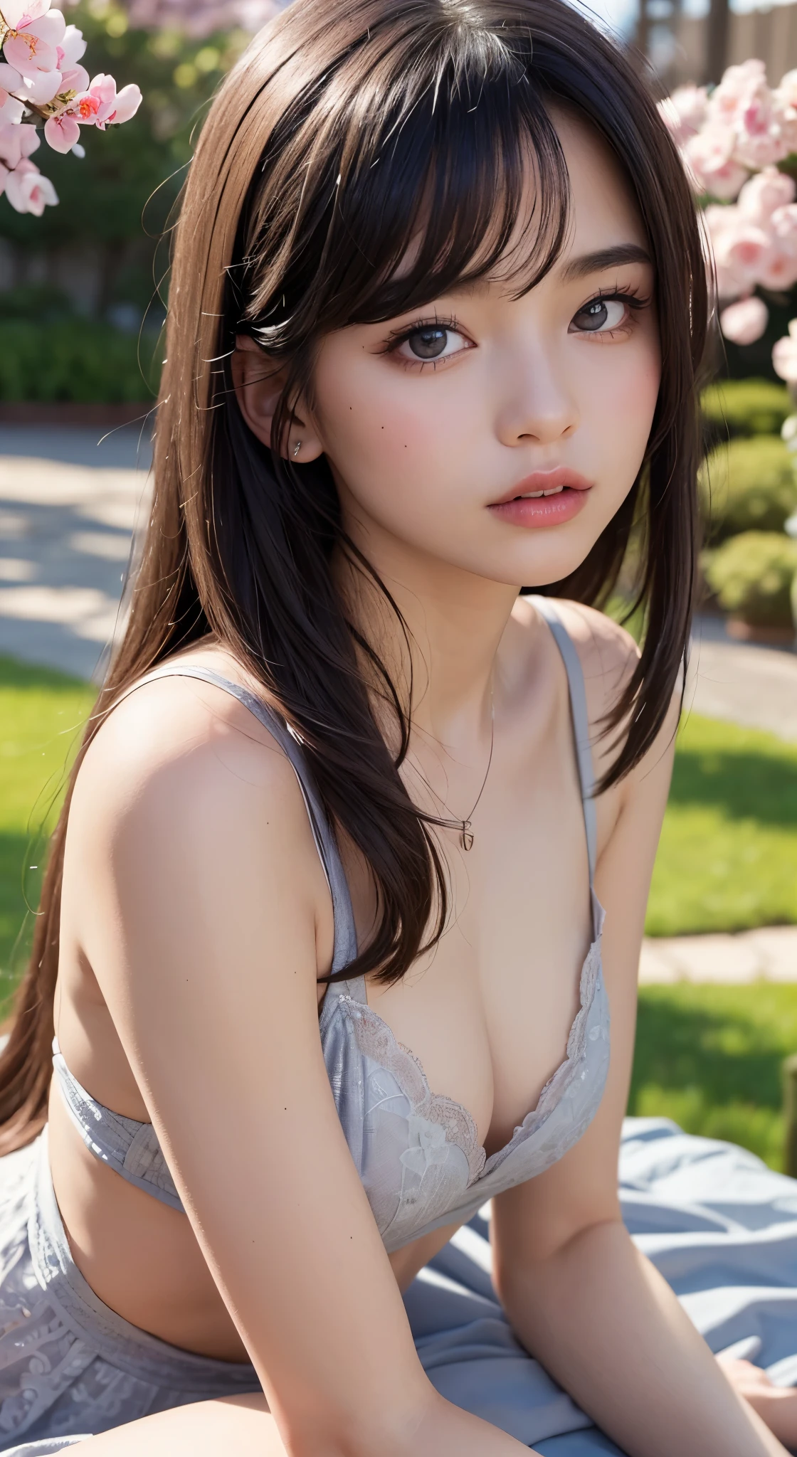 Nsfw、(girl:1.5),race,ribbon,(masterpiece, side light, Beautiful detailed gray eyes: 1.2), Medium chest, realistic, shining eyes,shiny hair,black hair,long long hair, Glossy skin, alone, embarrassing,exquisite,beautifully,garden,flowers,flying petals, barefoot, Cherry Blossom, cinematic light, cinematic composition, rich expression