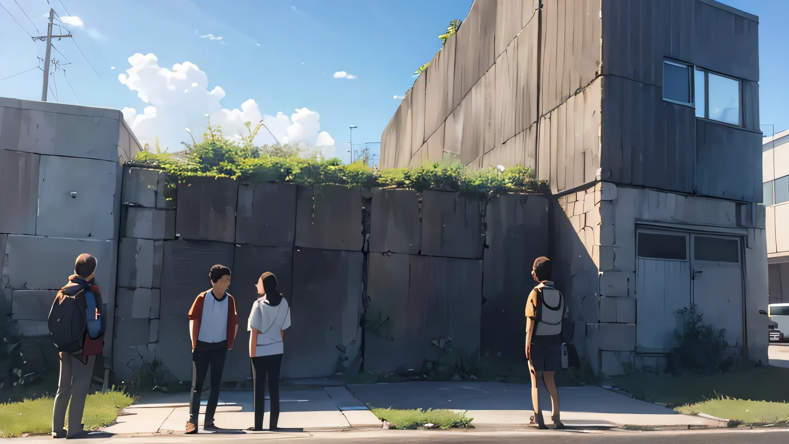 Two 20-year-old men and women looking up at the large wall that stands in front of them.