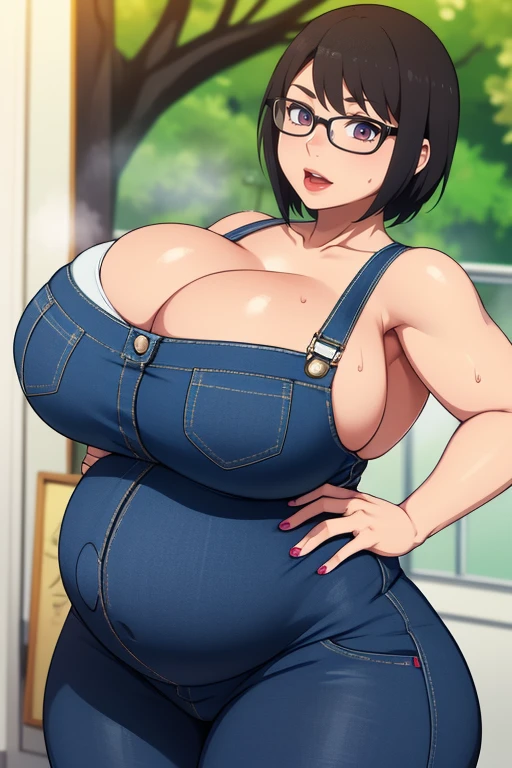 Shizune, 1girl, ((bimbo))), short black hair, glasses, painted lips, wide hips, thick thighs, huge ass, bimbo face , enormous huge natural breasts, cleavage, dungarees, hanging breasts, hot, sweating,  pregnant