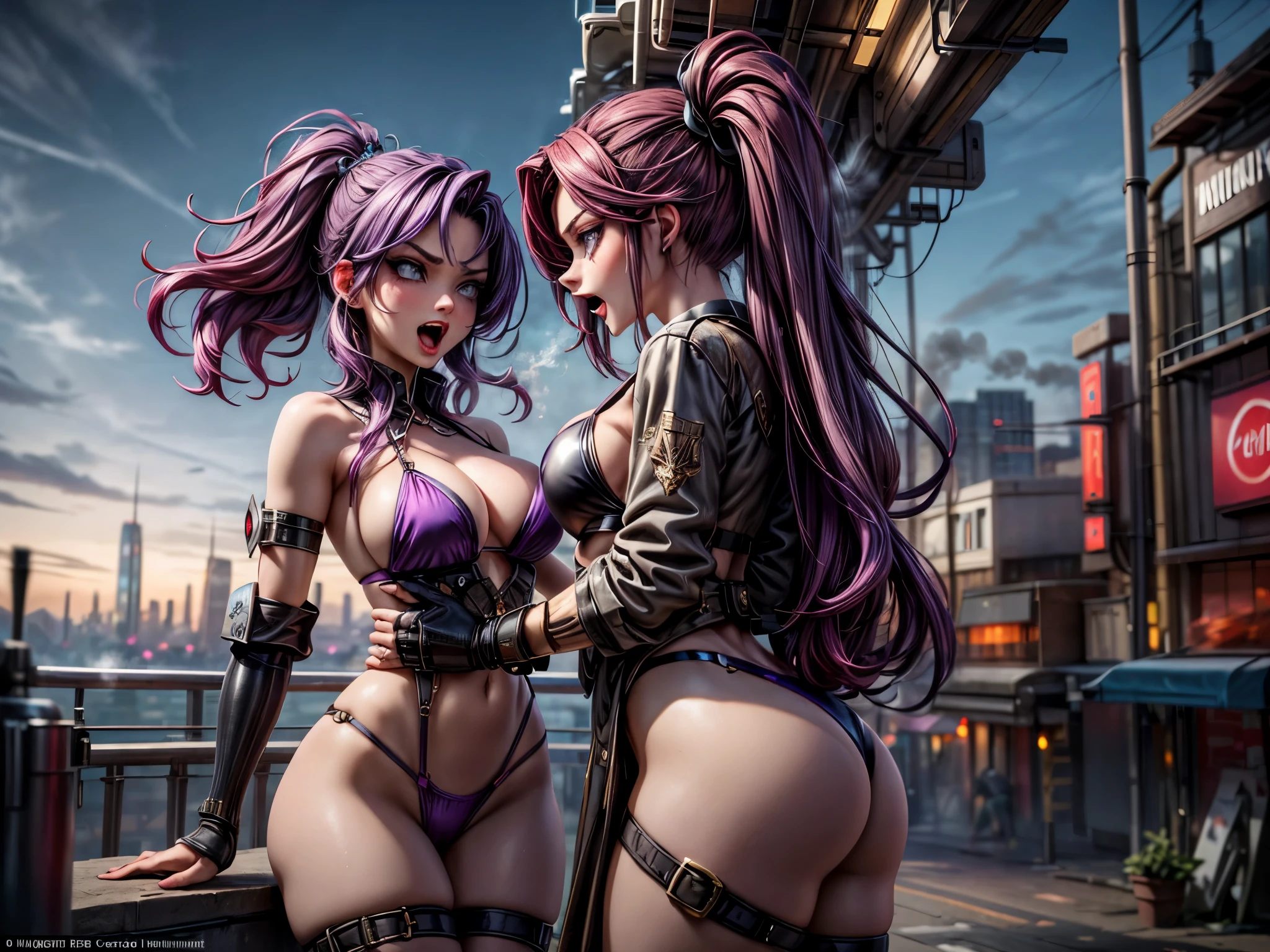 A fierce and confident woman with dark red and purple hair stands tall in a steam punk city, her arrogant demeanor evident as she screams at a seductive girl in a micro bikini. The cityscape behind them is magnificent and majestic, adding to the overall intensity of the scene.