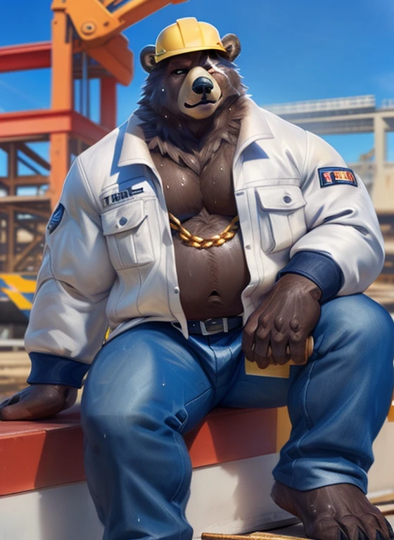 ben (zenless zone zero), (by taran fiddler), (by darkgem:0.8), (by chunie:0.8), masterpiece, (((detailed fluffy fur))), looking at viewer, scar, seductive, ((bedroom eyes)), bear, brown fur, fur, male, (manly:1.3), full body view, musclegut, ((construction site background, sunshine, sun rays)), sitting on concrete, ((white construction jacket)), ((blue construction jeans)), construction tools, belt, (hard hat), ((sweating, sweaty, sweat)), ((gold chain))