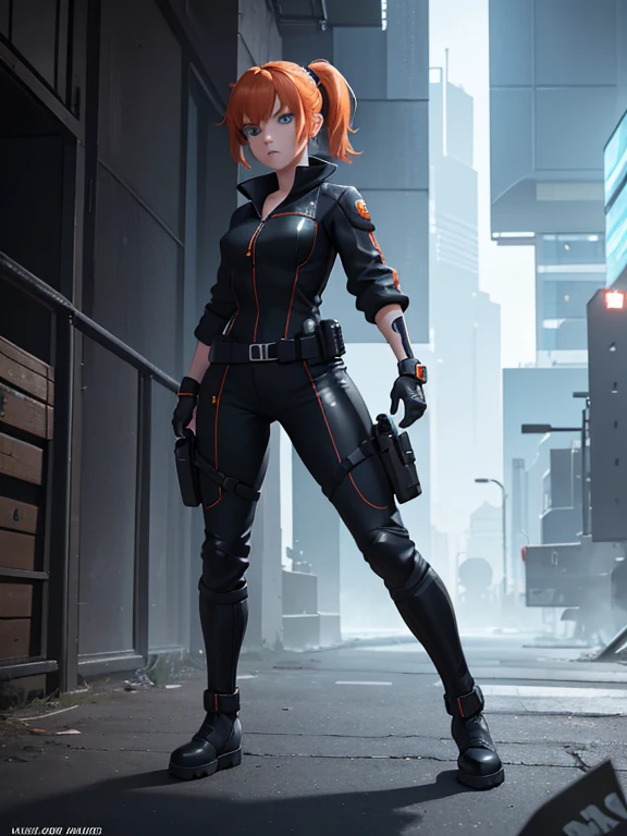 1girl, Sexy Experienced Cyberpunk Agent, short orange hair, pony tail style, blue eyes, (Wearing: futuristic black tight jumpsuit, utility belt, boots), light skin, natural makeup, athletic body, holding two pistols with both hands, looking fiercely at the viewer. heroic pose, full-length, full body, fight scene, full-length, super face detail, Very detailed, 8k, dark tone, dark shadow, glow in the dark, game color correction, (HDR, UHD, k, best quality, RAW photo, best quality, masterpiece: 1.5), UHD, hd, k, hyperrealism, very detailed, hyperrealism, very detailed, in hyper-realistic detail, hyper-realistic full-body detail, high detailed, digital painting, trending on artstation, HD quality
