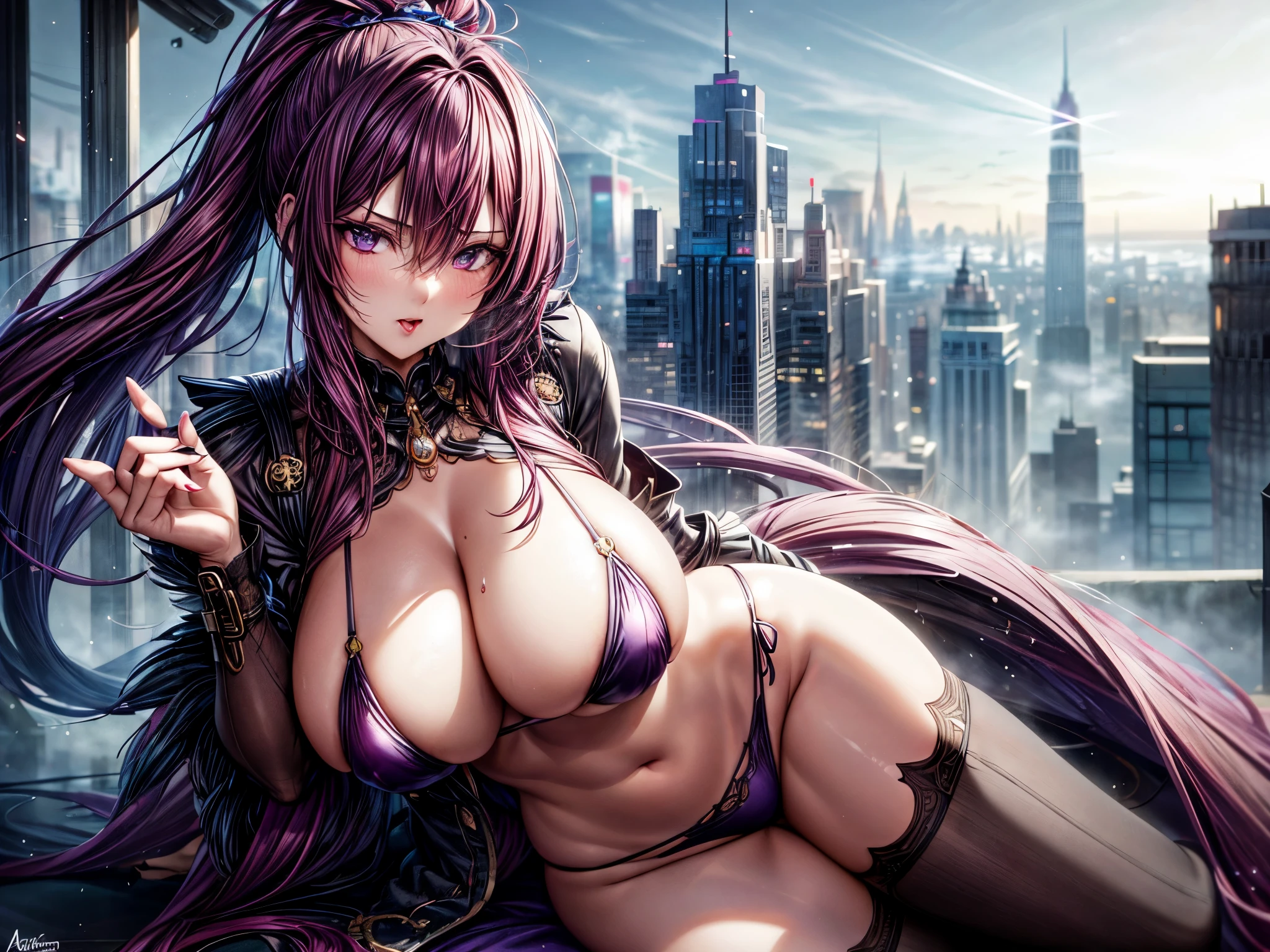 A stunning woman with dark red and purple hair stands in the midst of a steam punk city, her micro bikini accentuating her alluring figure. With an arrogant demeanor, she screams at a seductive girl, her beauty and confidence radiating off the page. The majestic and magnificent cityscape in the background adds a touch of grandeur to the scene.