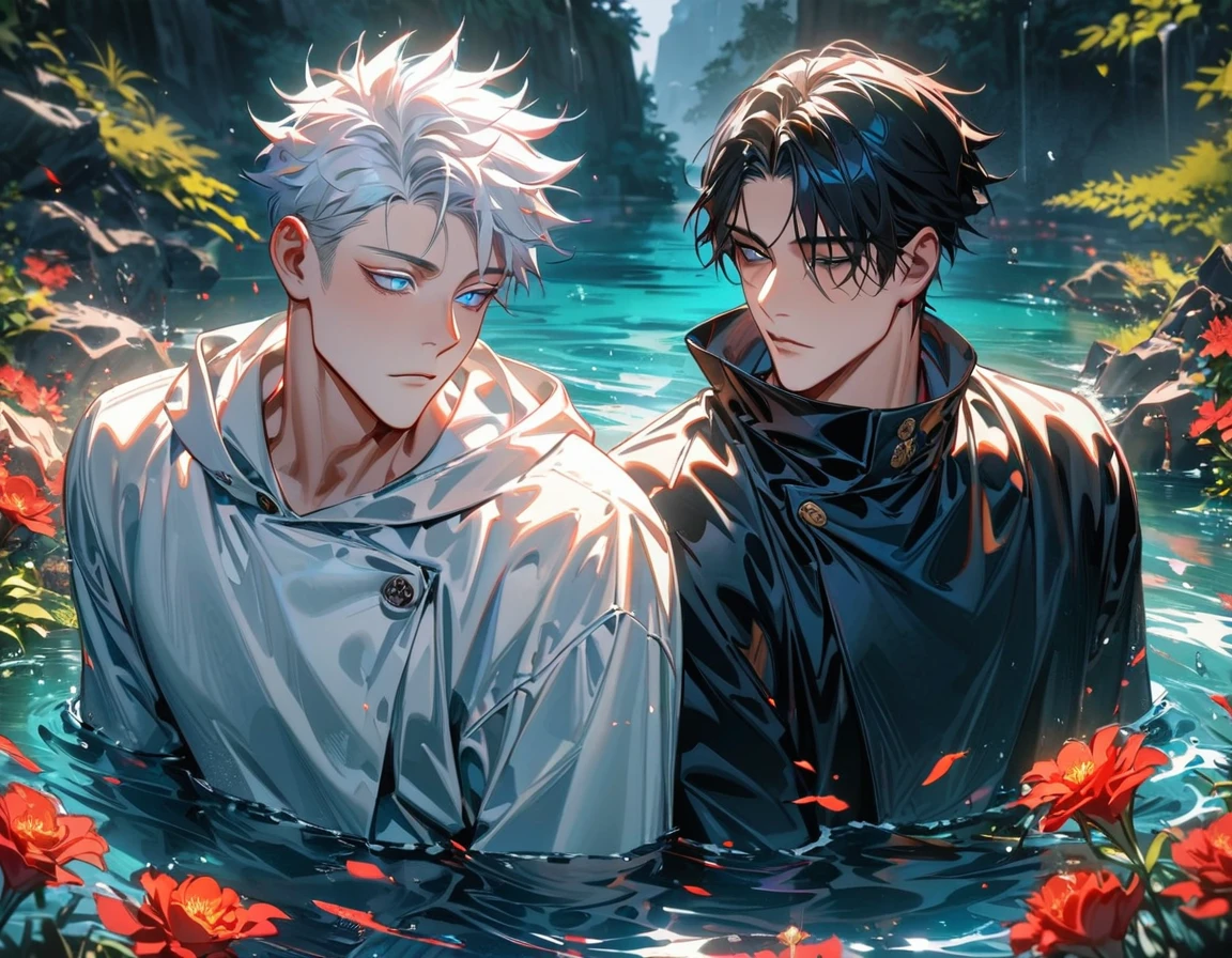 (absurdres, highres, ultra detailed, HDR), master piece, best quality, Gojo Satoru, white hair with bangs, blindfolded eyes, Jujutsu Kaisen, Dan Heng, black hair, vibrant blue eyes, 2men together, gay, handsome, water, flowers