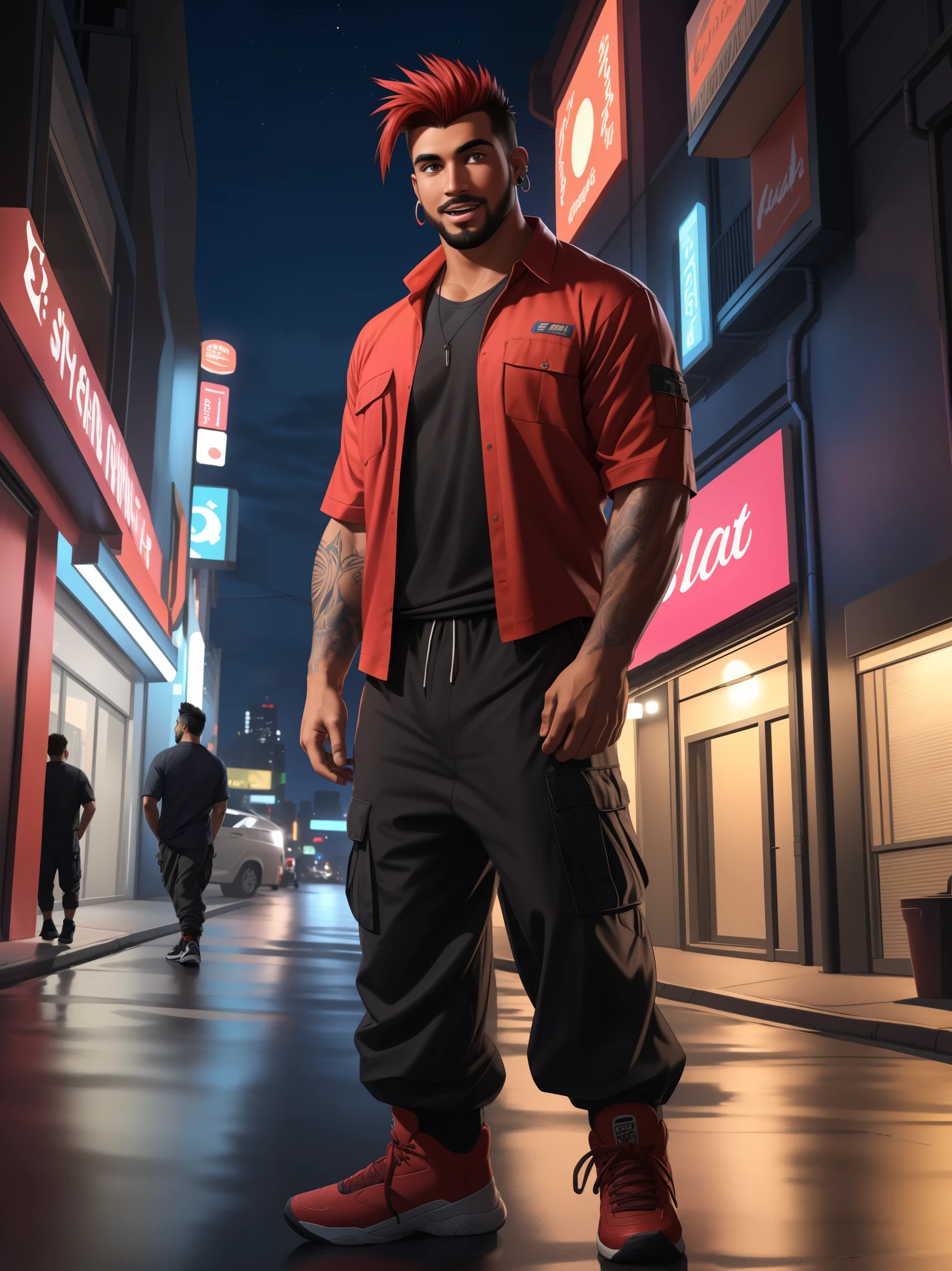 solo, male, 1guy, adult male, ((adult male, tall male, masculine male)), (fauxhawk), (human print), red eyes, fair skin body, detailed hair, detailed face, detailed eyes, street clothes, (street, gear), gauges, earrings, baggy pants, cargo pants, black pants, black and red shirt, red hair highlights, cyberpunk street, black and red sneakers, (masterpiece, high quality, hi res,8k hd), standing, portrait, looking at viewer, night, outdoor, relaxing, open mouth, teeth, detailed fangs, looking at viewer, correct proportions,