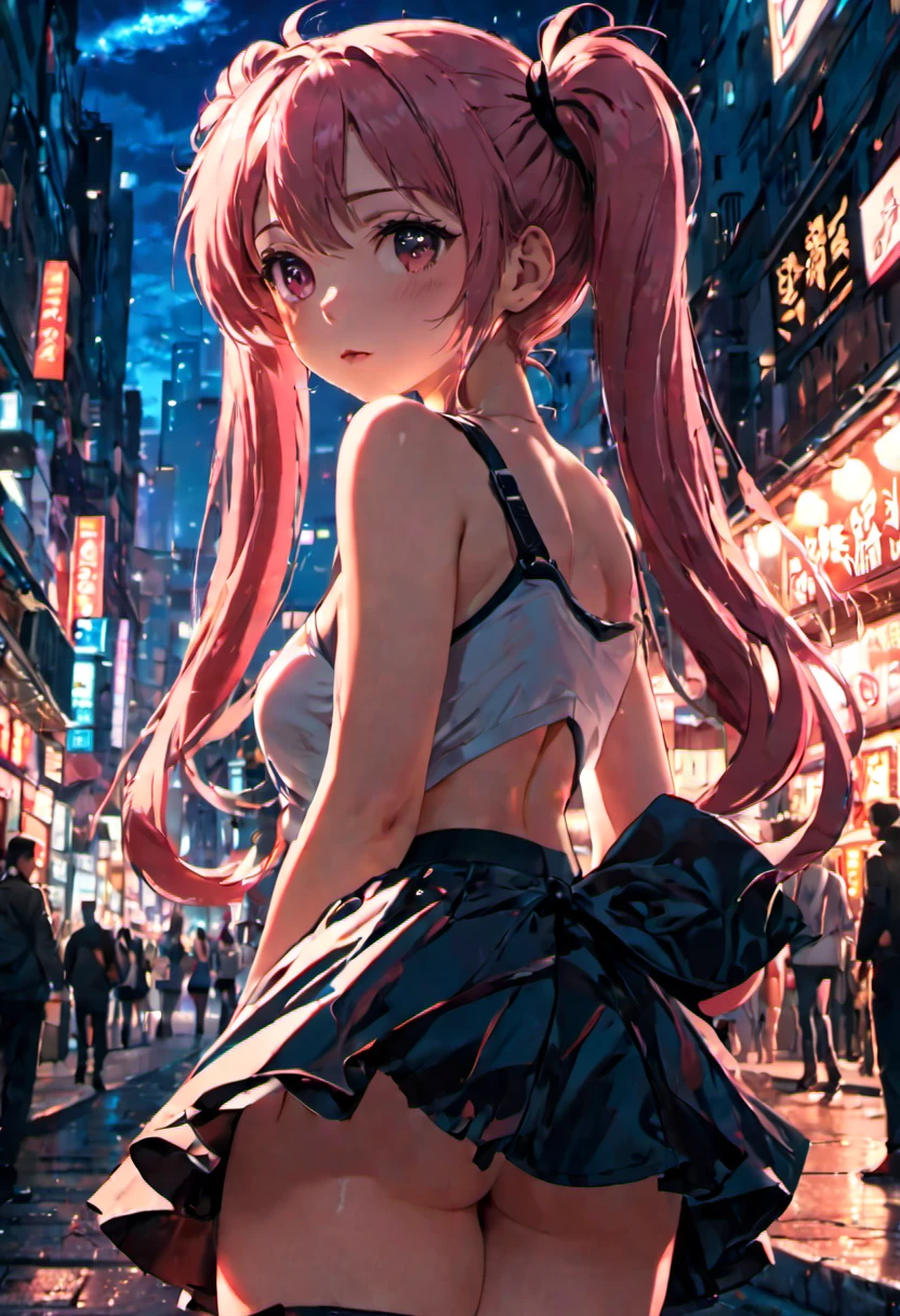 masterpiece, best quality, HuTaoV4, 1girl, solo, blush, twintails, long hair, hair between eyes, ((streetwear clothes)), city, outdoors, night, movie poster, extremely detailed 8K, smooth, high resolution, ultra quality, cinematic lighting, ambient occlusion, hd, 2k, 4k, 8k, 16k, extremely detailed anime, detailed faces, perfect composition, wide shot, atmospheric lighting, very sexy, lift skirt, random low back angle, uncensored, nsfw, sin censura