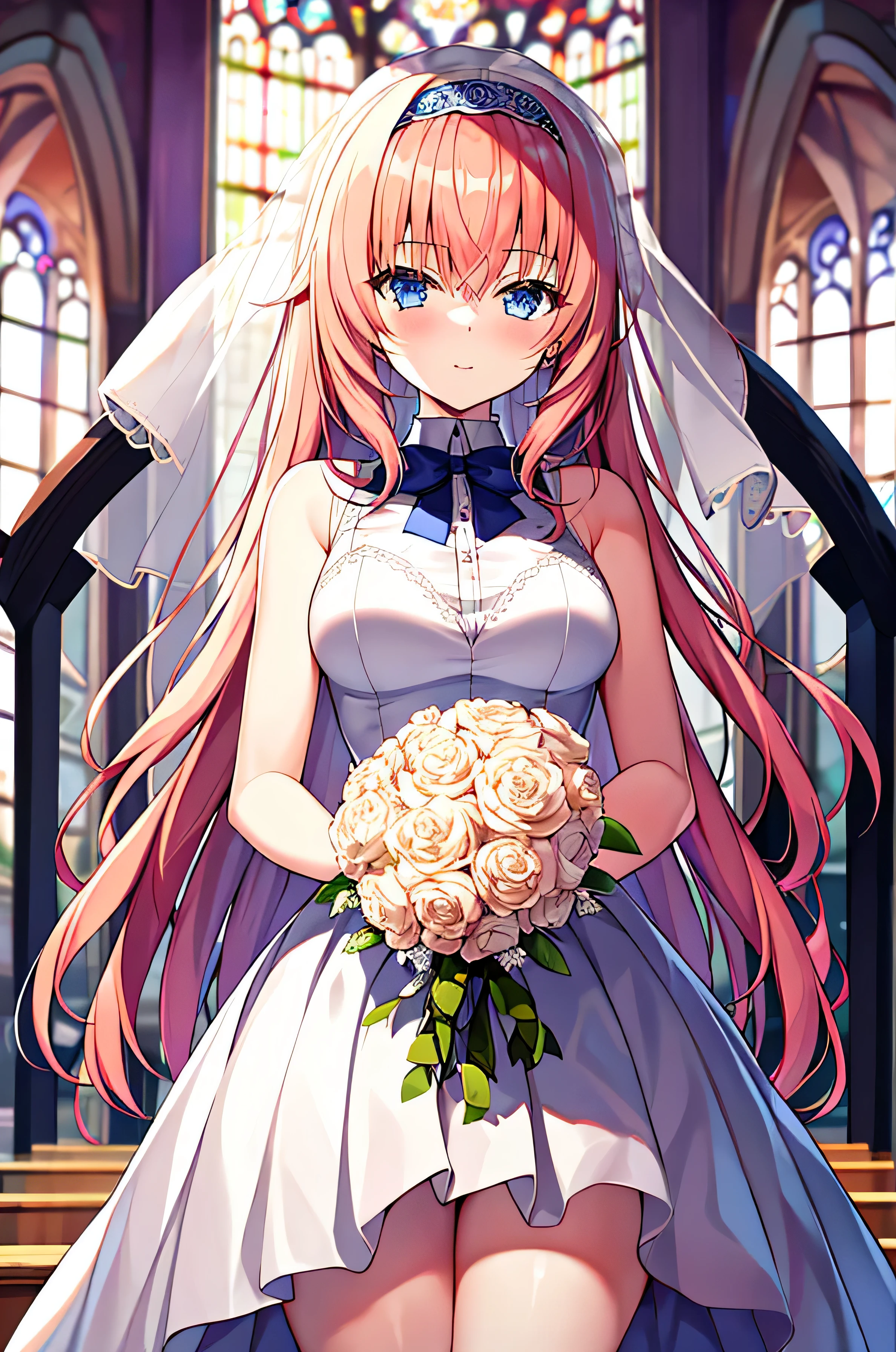 masterpiece, best quality, high resolution, nnn1, 1 girl, Headbands, long hair, wedding dress, mini skirt, wedding_veil, split, bouquet,  church, Cowboy shooting, looking at the audience,orange hair，Ichinose Fanna，