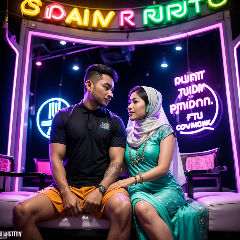 A husband and wife from Asia sit on chairs, Muslims, there are neon lights in the form of the words "Selamat Idul Fitri" on the wall. studio background with Ramadan themed ornaments
