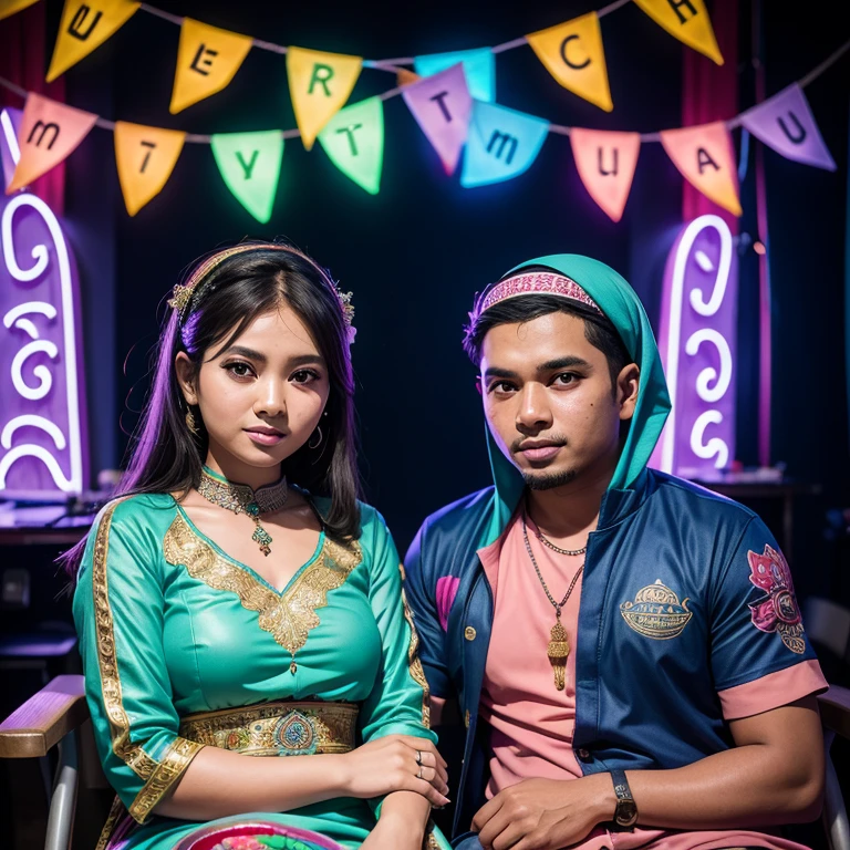 A husband and wife from Asia sit on chairs, Muslims, there are neon lights in the form of the words "Selamat Idul Fitri" on the wall. studio background with Ramadan themed ornaments