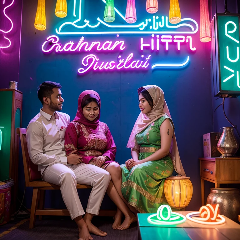 A husband and wife from Asia sit on chairs, Muslims, there are neon lights in the form of the words "Selamat Idul Fitri" on the wall. studio background with Ramadan themed ornaments