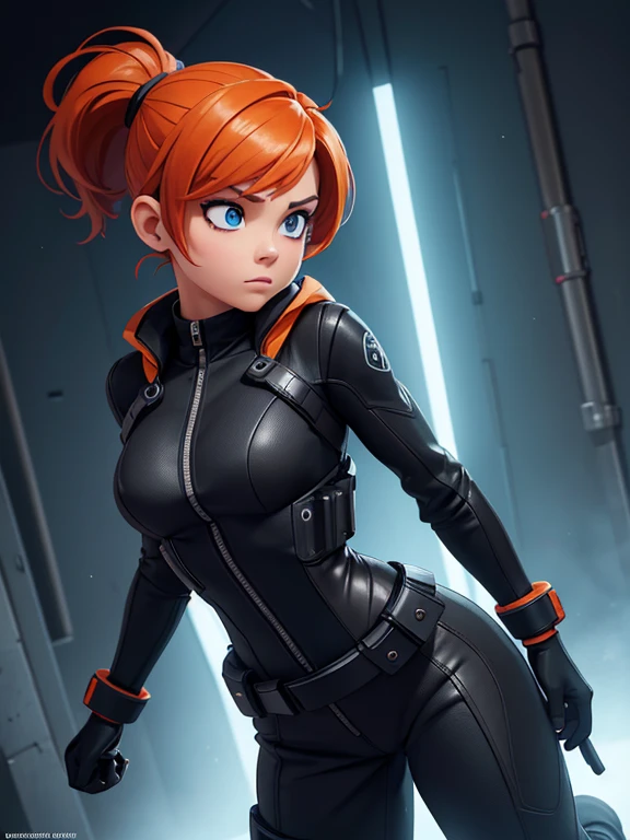 1girl, Sexy Experienced Cyberpunk Agent, short orange hair, pony tail style, blue eyes, (Wearing: futuristic black tight jumpsuit, utility belt, boots), light skin, natural makeup, athletic body, holding two pistols with both hands, looking fiercely at the viewer. heroic pose, full-length, full body, fight scene, full-length, super face detail, Very detailed, 8k, dark tone, dark shadow, glow in the dark, game color correction, (HDR, UHD, k, best quality, RAW photo, best quality, masterpiece: 1.5), UHD, hd, k, hyperrealism, very detailed, hyperrealism, very detailed, in hyper-realistic detail, hyper-realistic full-body detail, high detailed, digital painting, trending on artstation, HD quality
