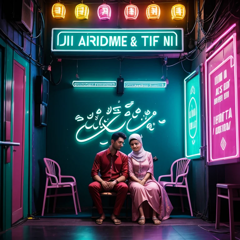 A husband and wife from Asia sit on chairs, Muslims, there are neon lights in the form of the words "Selamat Idul Fitri" on the wall. studio background with Ramadan themed ornaments
