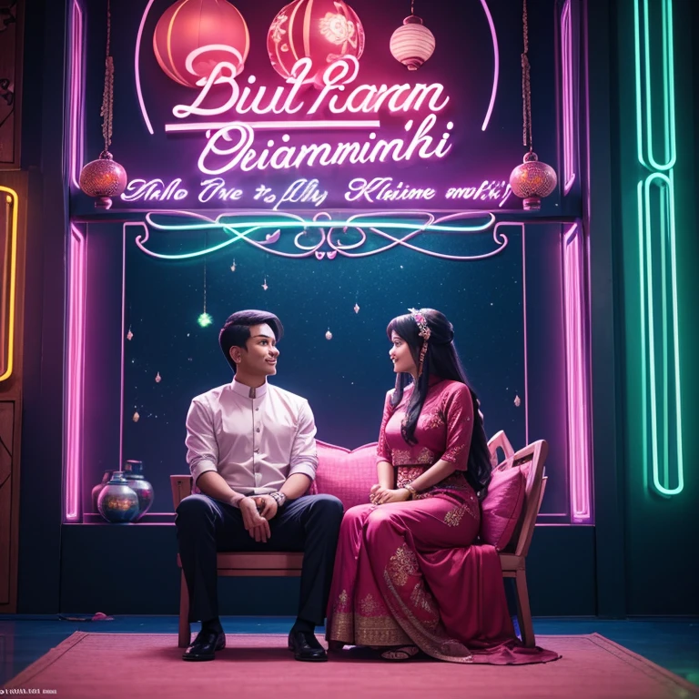 A husband and wife from Asia sit on chairs, Muslims, there are neon lights in the form of the words "Selamat Idul Fitri" on the wall. studio background with Ramadan themed ornaments