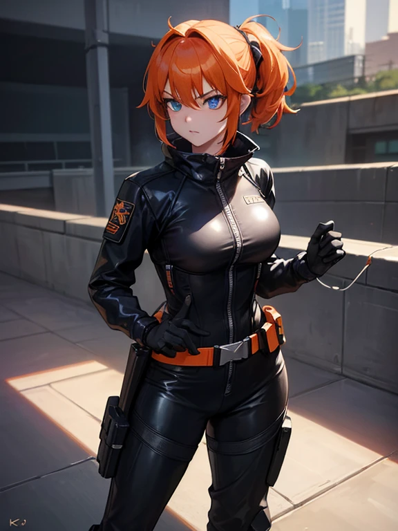 1girl, Sexy Experienced Cyberpunk Agent, short orange hair, pony tail style, blue eyes, (Wearing: futuristic black tight jumpsuit, utility belt, boots), light skin, natural makeup, athletic body, holding two pistols with both hands, looking fiercely at the viewer. heroic pose, full-length, full body, fight scene, full-length, super face detail, Very detailed, 8k, dark tone, dark shadow, glow in the dark, game color correction, (HDR, UHD, k, best quality, RAW photo, best quality, masterpiece: 1.5), UHD, hd, k, hyperrealism, very detailed, hyperrealism, very detailed, in hyper-realistic detail, hyper-realistic full-body detail, high detailed, digital painting, trending on artstation, HD quality
