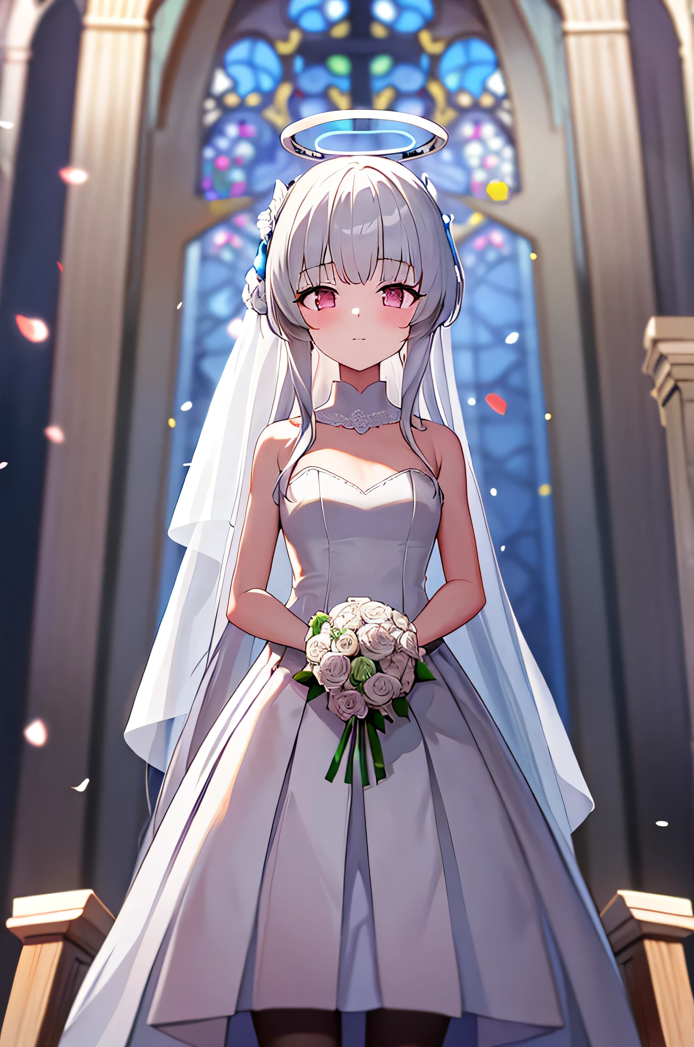 masterpiece, best quality, high resolution, nnn1, 1 girl, Headbands, long hair, wedding dress, mini skirt, wedding_veil, split, bouquet, church, Cowboy shooting, looking at the audience,white hair,Raw salt Noah,halo