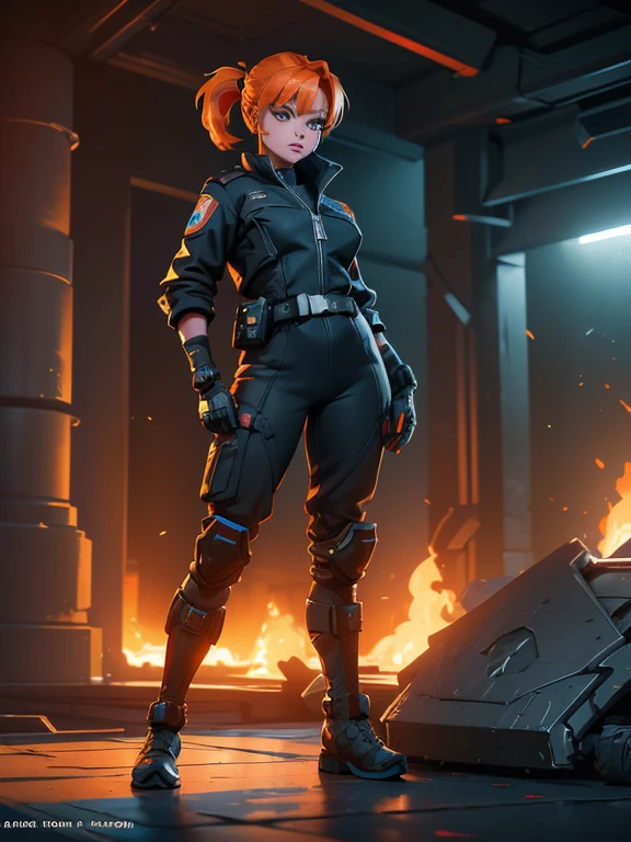 1girl, Sexy Experienced Cyberpunk Agent, short orange hair, pony tail style, blue eyes, (Wearing: futuristic black tight jumpsuit, utility belt, boots), light skin, natural makeup, athletic body, holding two pistols with both hands, looking fiercely at the viewer. heroic pose, full-length, full body, fight scene, full-length, super face detail, Very detailed, 8k, dark tone, dark shadow, glow in the dark, game color correction, (HDR, UHD, k, best quality, RAW photo, best quality, masterpiece: 1.5), UHD, hd, k, hyperrealism, very detailed, hyperrealism, very detailed, in hyper-realistic detail, hyper-realistic full-body detail, high detailed, digital painting, trending on artstation, HD quality
