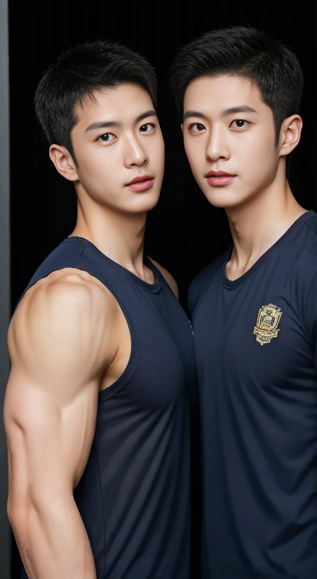 Two male lovers in their 20s took a photo together...., Wear a navy shirt......................, High resolution, masterpiece, best quality, head:1.3,((Hasselblad photos)), delicate skin, Full chest muscles，abdominal muscles，topless，Ultra-thin tight baseball pants，very handsome，Clear focus, (Cinema lighting), night, soft light, Dynamic angle, [:(Detailed face:1.2):0.2],(((exercise))), kinetic, Arm muscles are big........., hands on hips.