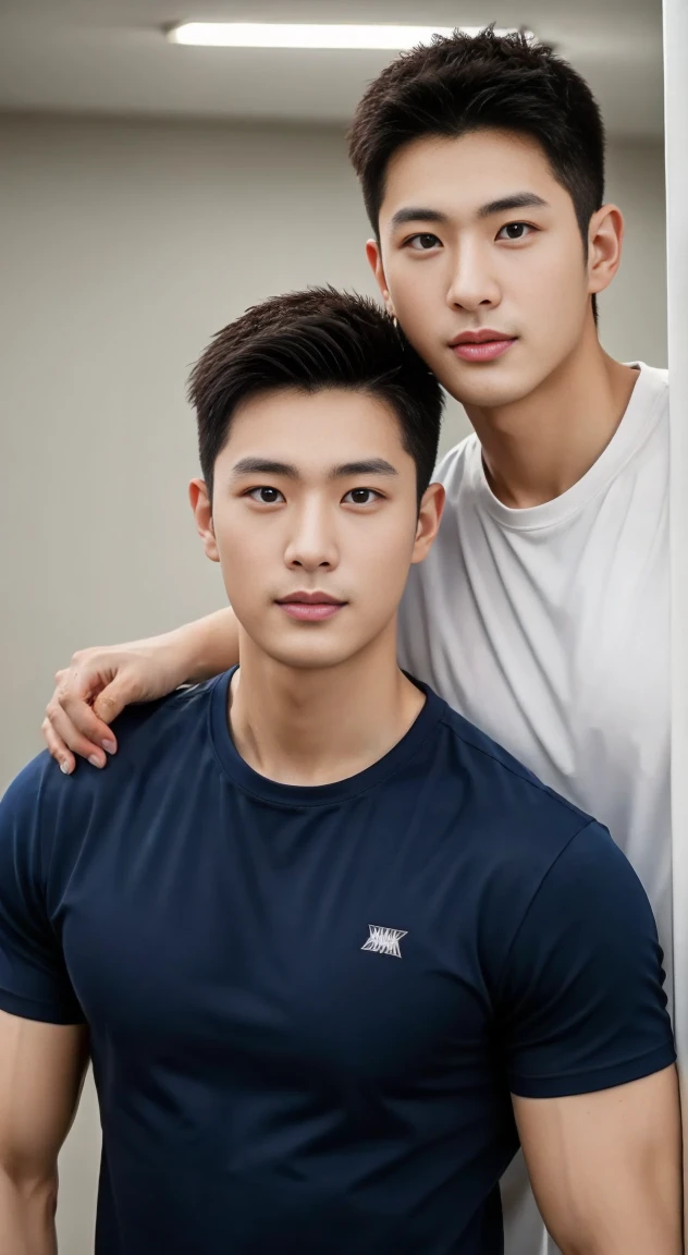 Two male lovers in their 20s took a photo together...., Wear a navy shirt......................, High resolution, masterpiece, best quality, head:1.3,((Hasselblad photos)), delicate skin, Full chest muscles，abdominal muscles，topless，Ultra-thin tight baseball pants，very handsome，Clear focus, (Cinema lighting), night, soft light, Dynamic angle, [:(Detailed face:1.2):0.2],(((exercise))), kinetic, Arm muscles are big........., hands on hips.