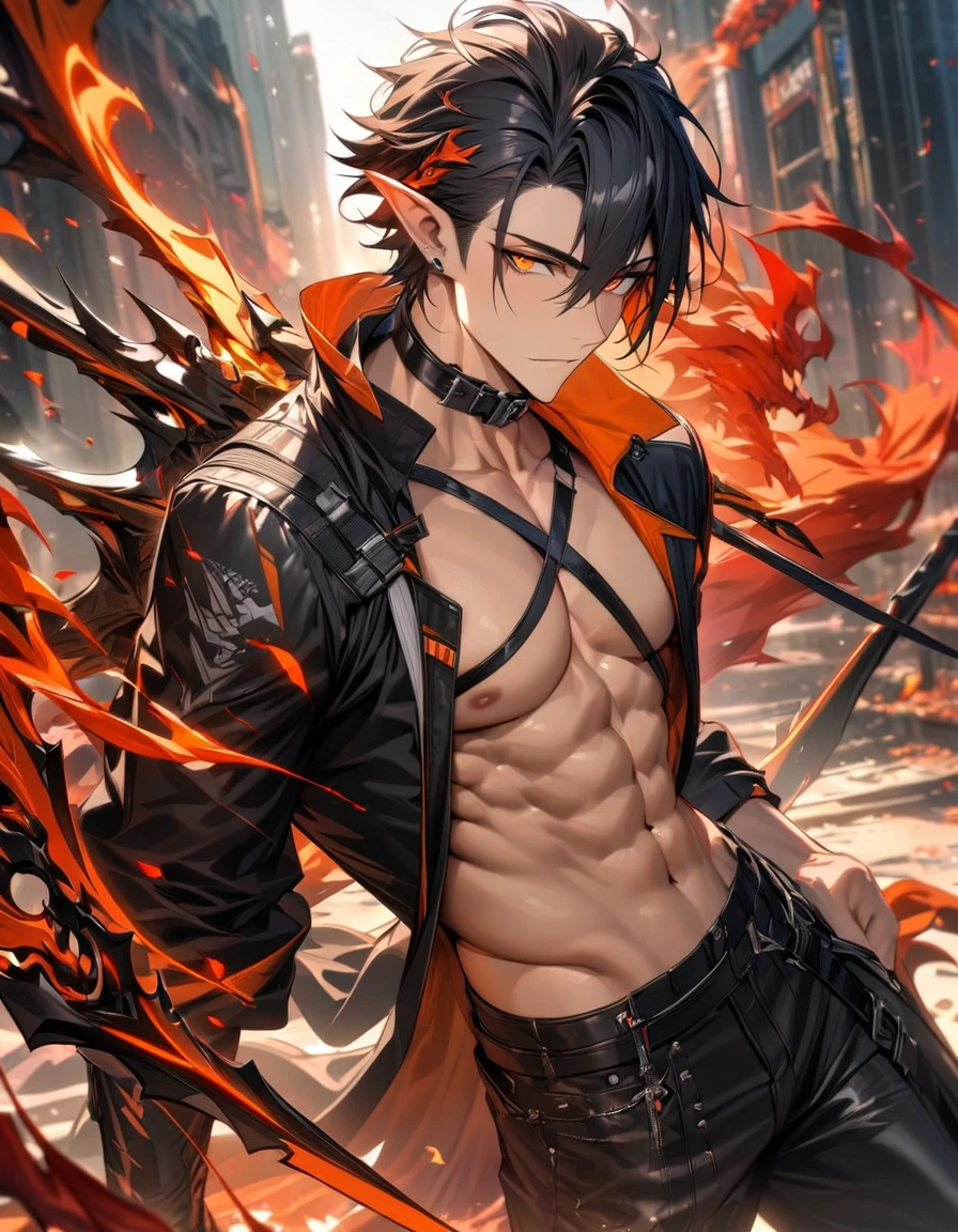 (absurdres, highres, ultra detailed, HDR), master piece, best quality, vibrant orange eyes, 1man, handsome face, Flamebringer, Arknights, black short hair, hair between the eyes, pointy ears, toned chest, black leather pants, black collar, red butterflies, red flames