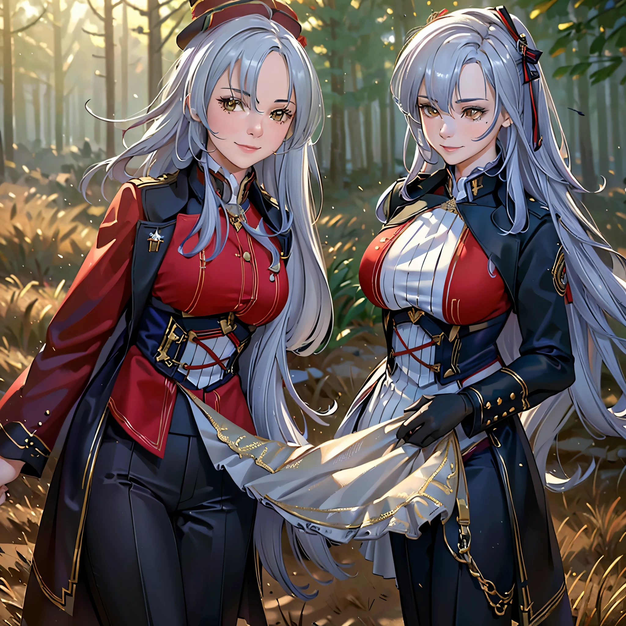 (best quality,4k,highres,masterpiece:1.2),ultra-detailed,(realistic,photo-realistic:1.37),portrait,painting,digital art,studio lighting,professional,woman,royal guard uniform,red uniform,open black pants,royal guard hat,silver hair,yellow eyes,smiling,open field,forest background,vivid colors,warm tones,soft lighting.