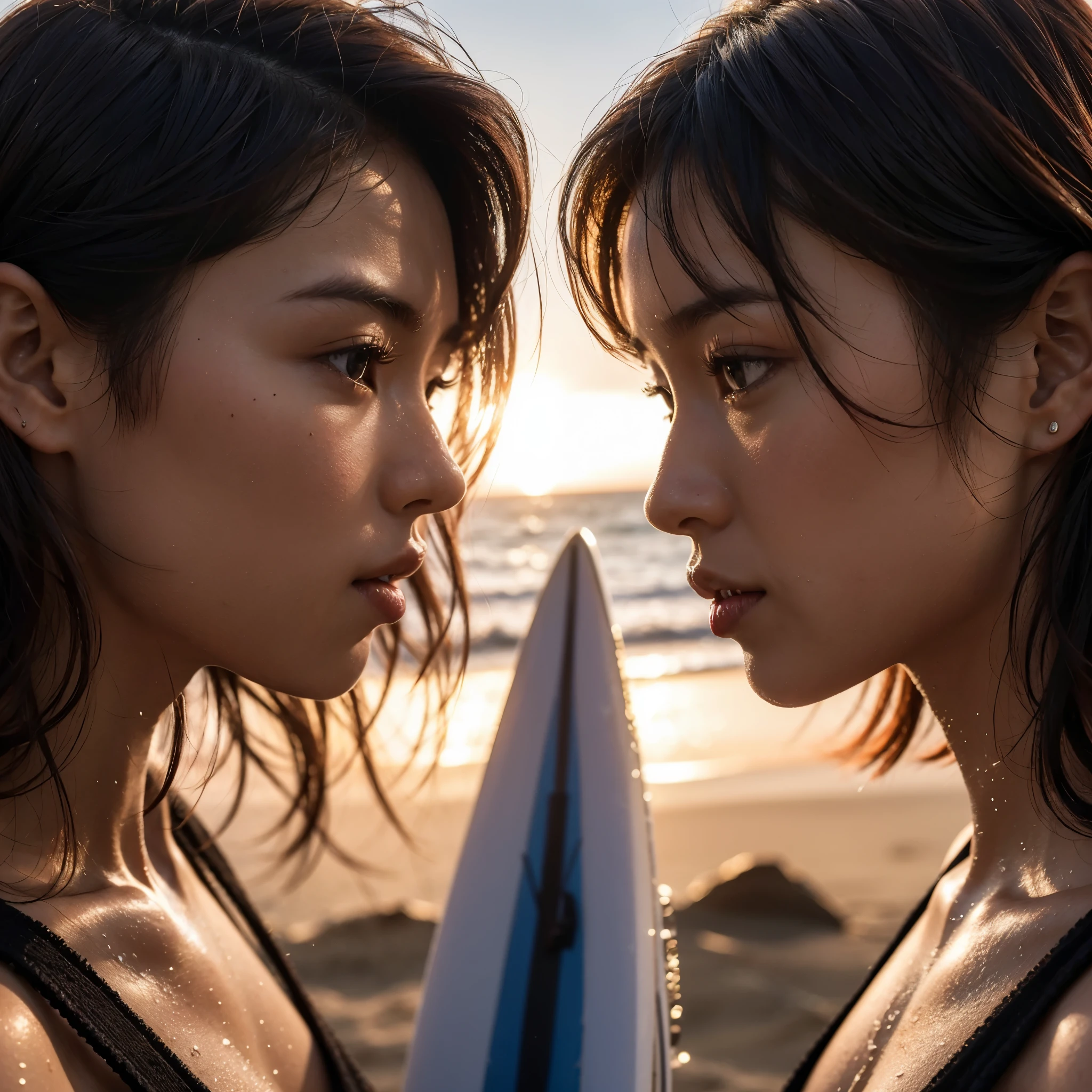 8k Uhd, Dslr,Film Grain, Fujifilm XT3,(Best Quality:1.3), (Masterpiece:1.1), High Resolution, Cinematic Light, Intricate Details, (Photorealistic) ((DRAMATIC LIGHT scenery FROM BALI BEAUTIFUL ISLAND)), 2 asian beauty surfers Girl face to face each other, ready to fight,intense expression, (ON SUNSET BEACH:1.5), no Makeup, tanning dark brown skin, wet body & face, wet hair, backlight shoot photo, Expressive faces, radiant skin, short red hair with bangs, hold their surf boards