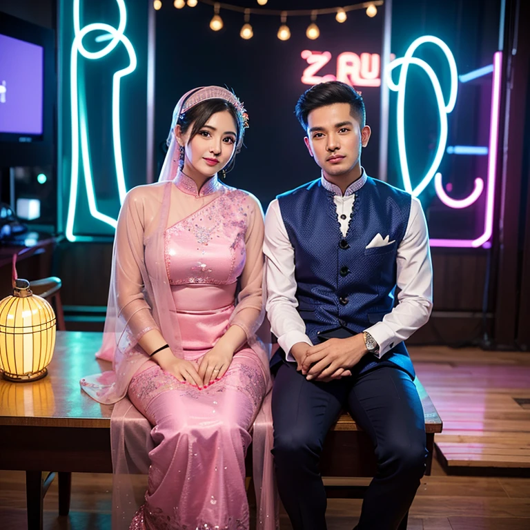 A husband and wife from Asia sit on chairs, Muslims, there are neon lights in the form of the words "Selamat Idul Fitri" on the wall. studio background with Ramadan themed ornaments
