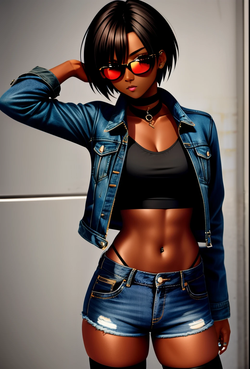 high quality, extremely detailed, perfect face, 1girl, solo, tomboy, midriff, thighhighs, (dark skin),  choker, (blue jacket), sunglasses on forehead, ahoge, piercings, toned, short brown hair