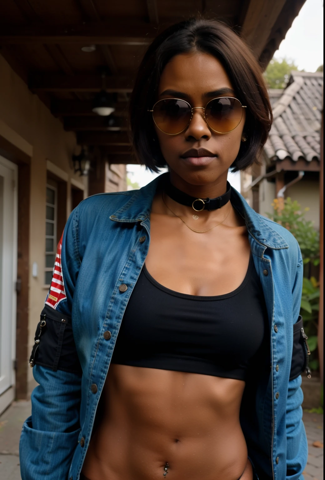 high quality, extremely detailed, perfect face, 1girl, solo, tomboy, midriff, thighhighs, (dark skin), choker, (blue jacket), sunglasses on forehead, ahoge, piercings, toned, short brown hair, mexican
