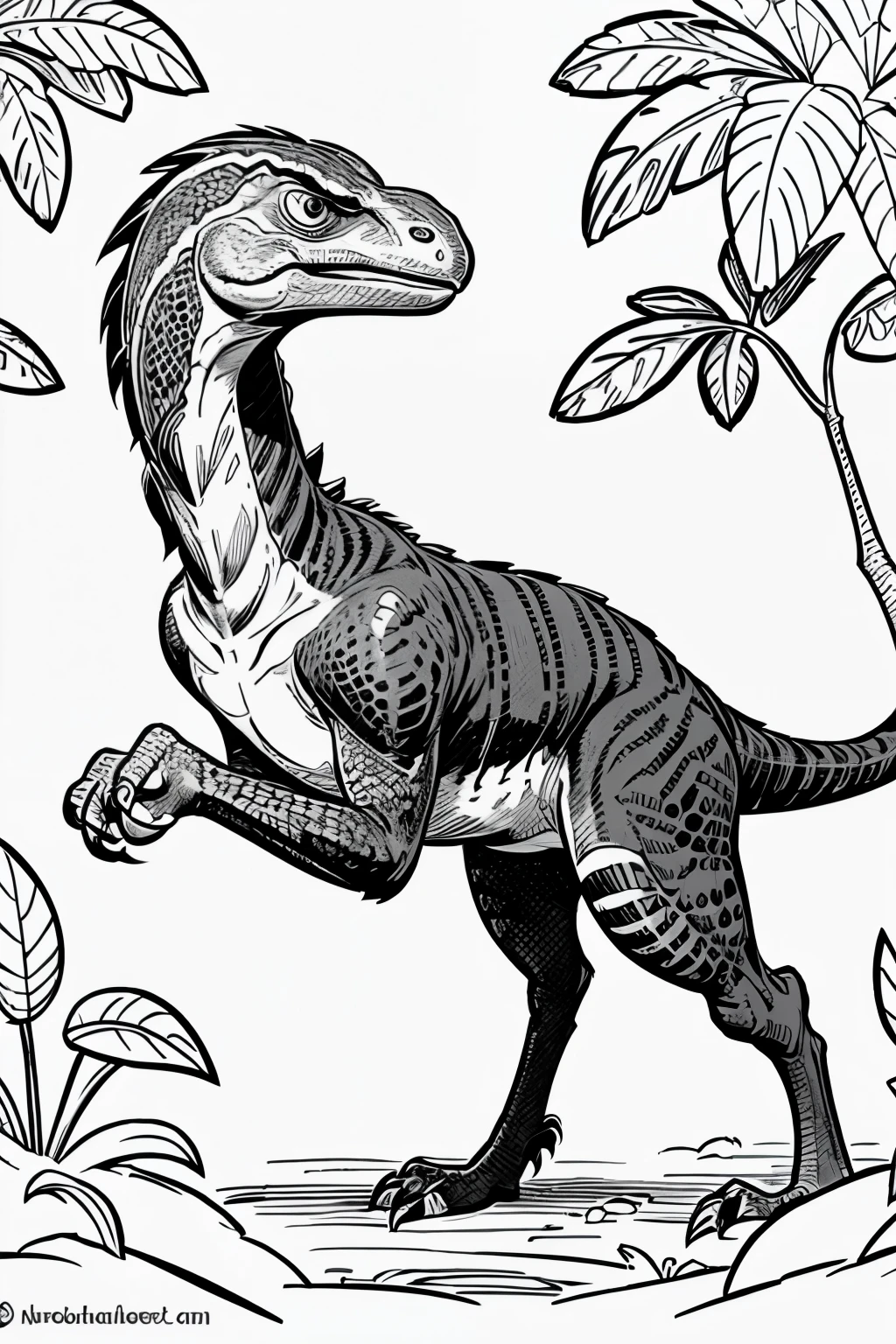 coloring page for kids, Velociraptor in a jungle, cartoon style, thick line, low detail and no shading