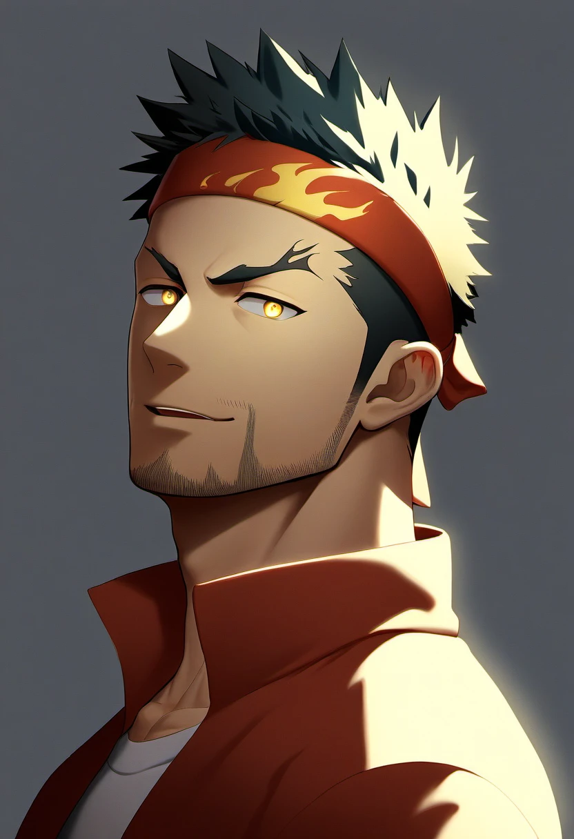 anime characters：Gyee, Priapus, 1 muscular man god, Flame tattoo, Sport red headband, sport jacket, muscular male, muscular, only, Upper body, alone, short black hair, thick eyebrows, stubble, yellow eyes, White background, simple background, amazing quality, best aesthetics, Ridiculous, bright pupils, short hair, naughty face, torogao, open lips, divine light, shadow, chiaroscuro, drop shadow, best quality