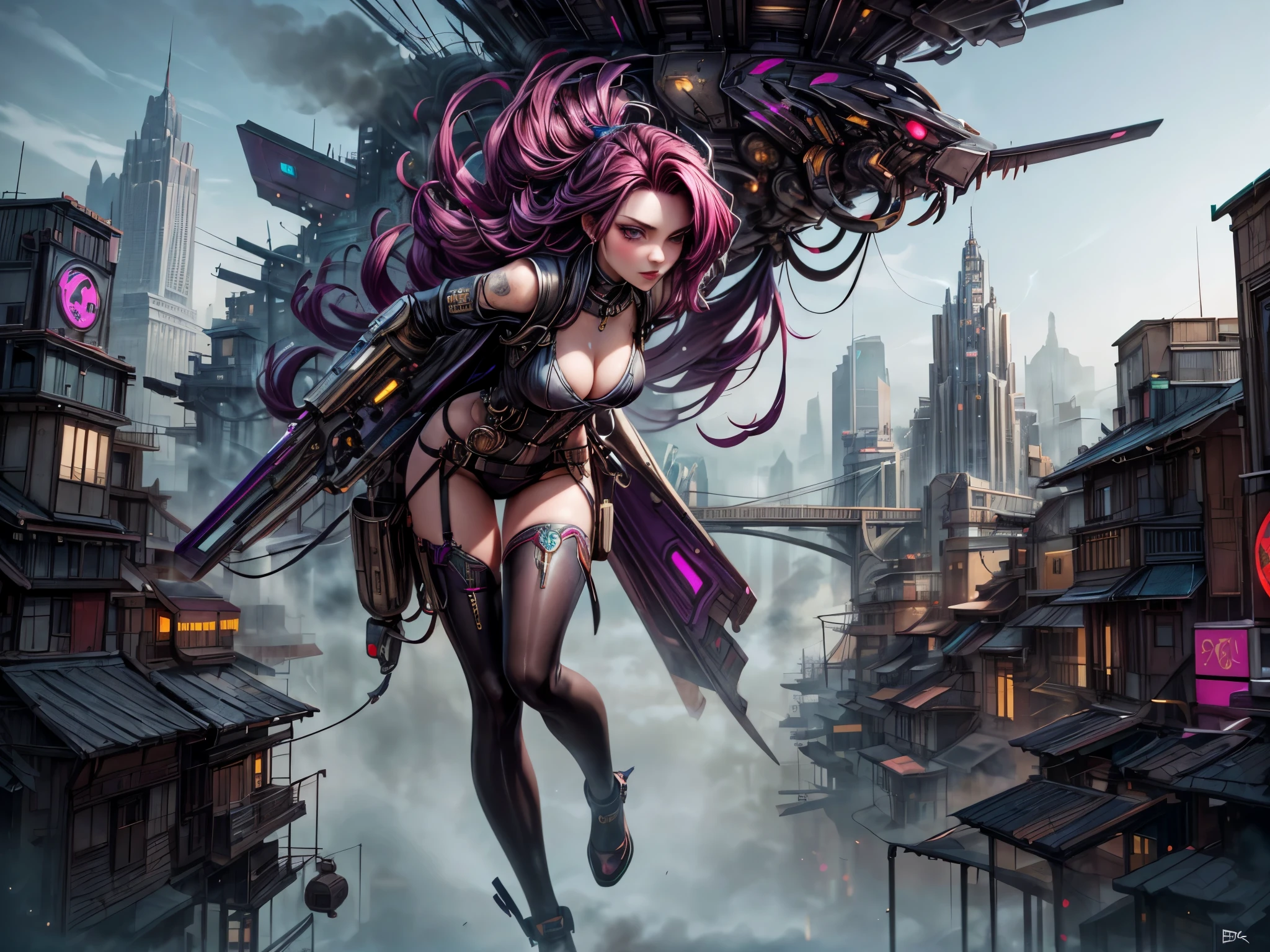 In a futuristic steam punk city, a Full body naked woman with striking dark red and purple hair commands attention with her seductive and sexy appearance. beautiful girl, her arrogant demeanor only adding to her allure. The detailed rendering of the city in the background adds to the overall visual impact of the illustration.