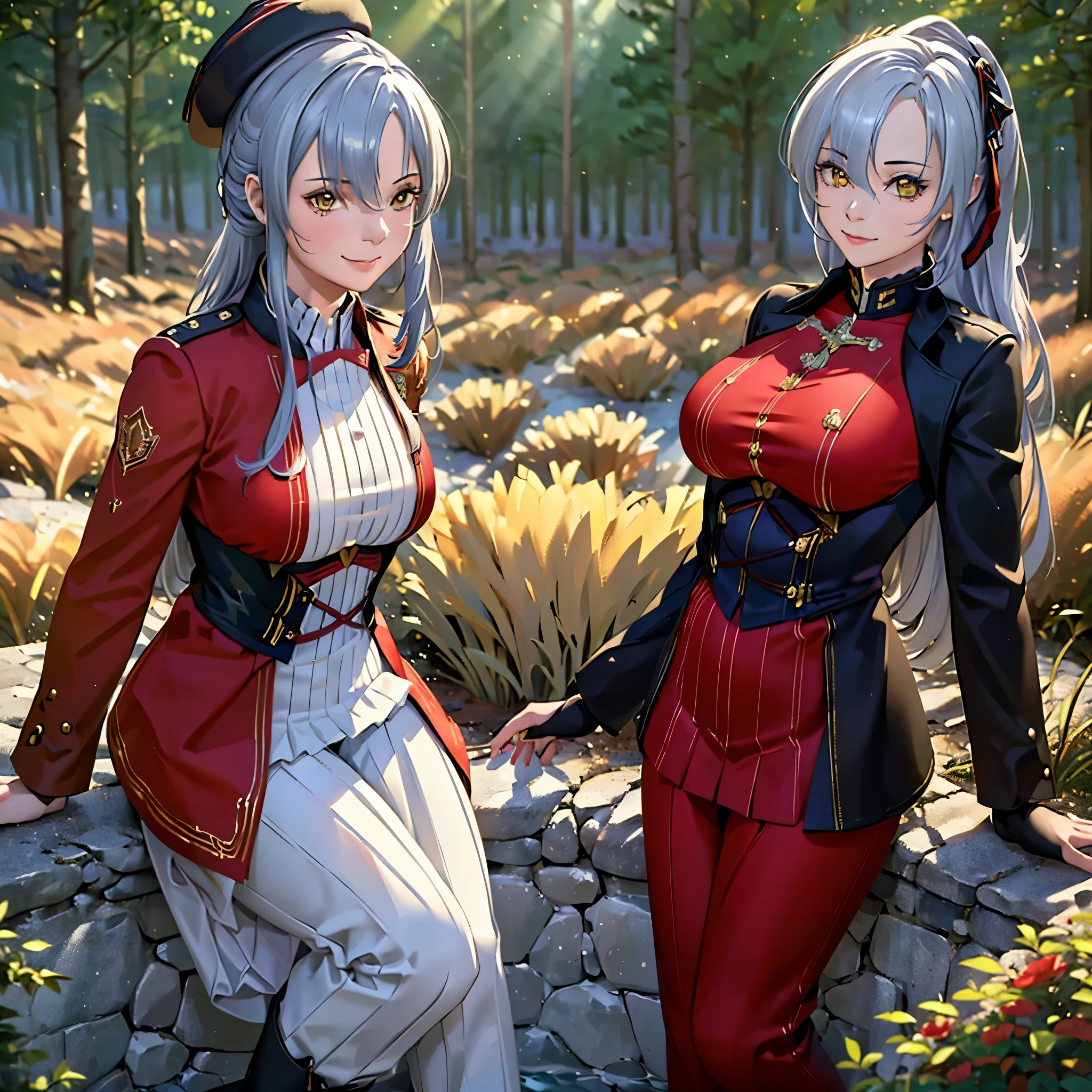 (best quality,4k,highres,masterpiece:1.2),ultra-detailed,(realistic,photo-realistic:1.37),portrait,painting,digital art,studio lighting,professional,woman,royal guard uniform,red uniform,open black pants,royal guard hat,silver hair,yellow eyes,smiling,open field,forest background,vivid colors,warm tones,soft lighting.
