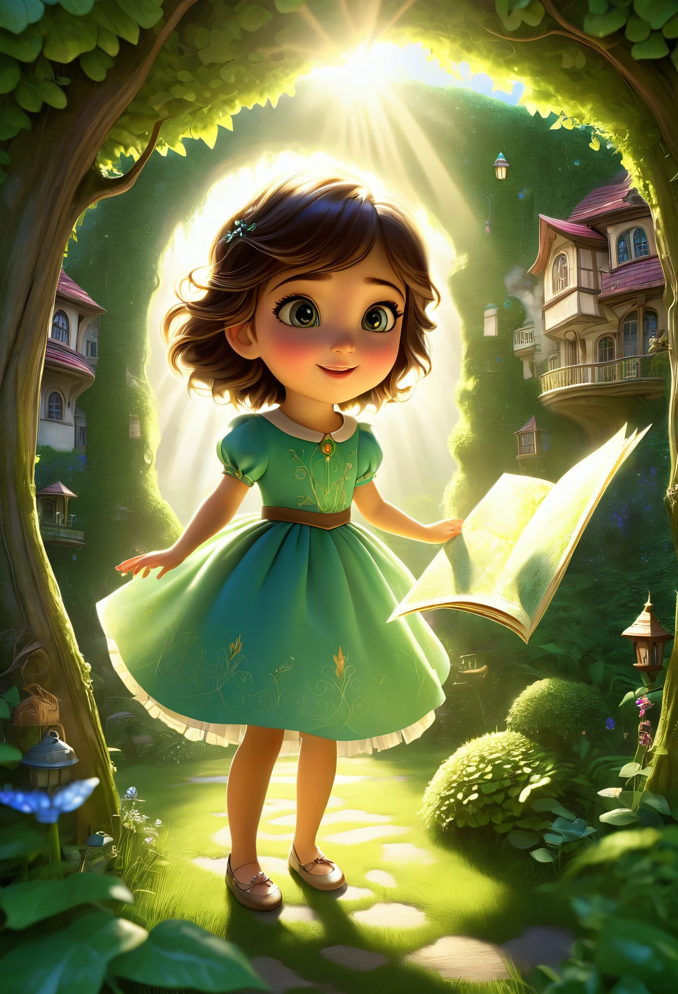 Sofia standing in the sunny backyard, sosteniendo un viejo, cofre del tesoro polvoriento. Ella lo abre con curiosidad y encuentra un mapa antiguo., his eyes widen with excitement as he unfolds it, revealing a path through the enchanted forest near his house.