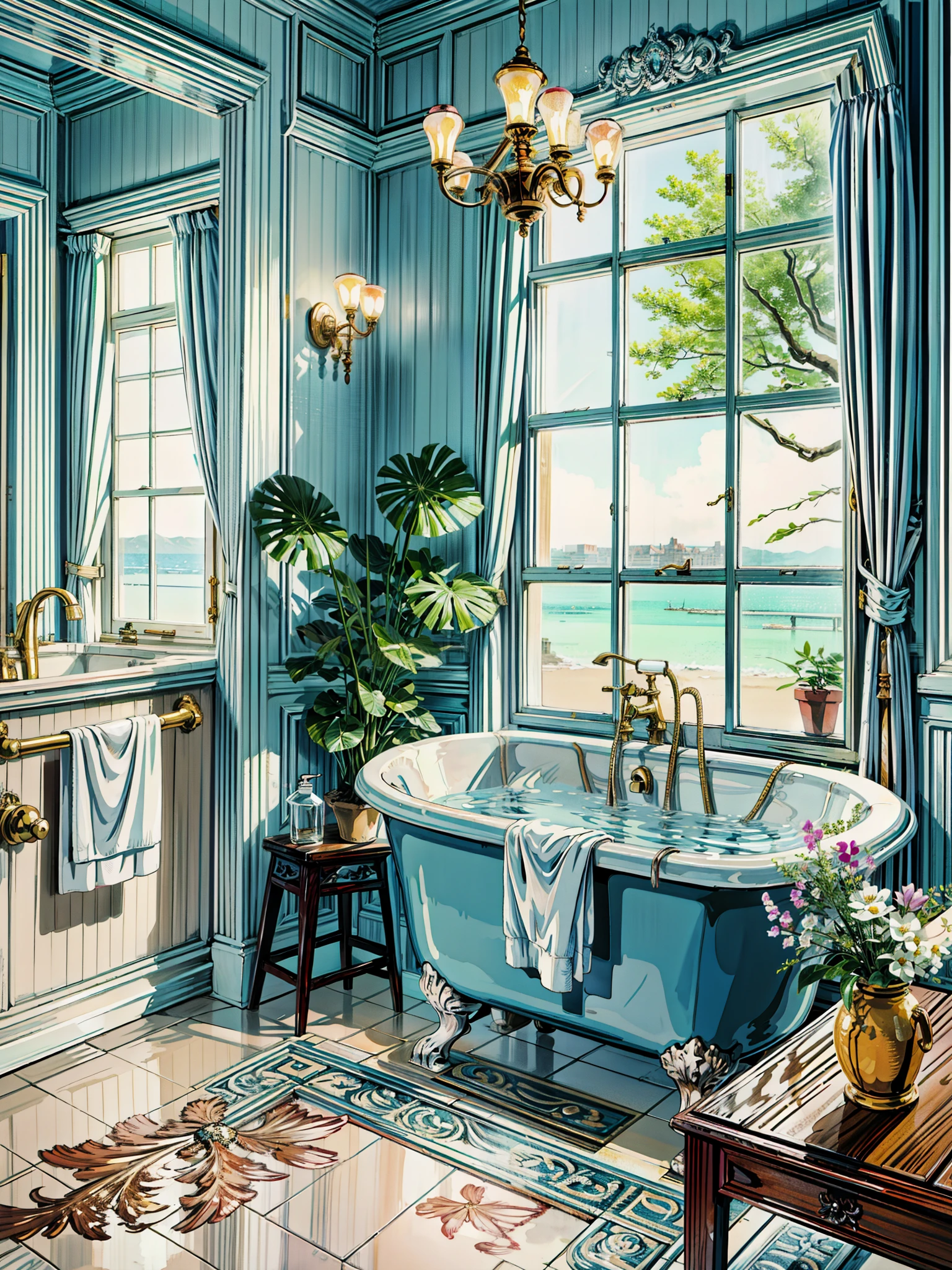 a bathroom with a bathtub and a sink, interior of a bathroom, personal room background, premium bathroom design, sunny bay window, bathroom, interior of a victorian house, aquamarine windows, background art deco palace, interior design background, painting of a room, bathtub, tiled room squared waterway, interior background art, 2d game background, ocean background setting, 4k hd,, beautiful art uhd 4 k, a beautiful artwork illustration, beautiful digital painting, highly detailed digital painting, beautiful digital artwork, detailed painting 4 k, very detailed digital painting, rich picturesque colors, gorgeous digital painting