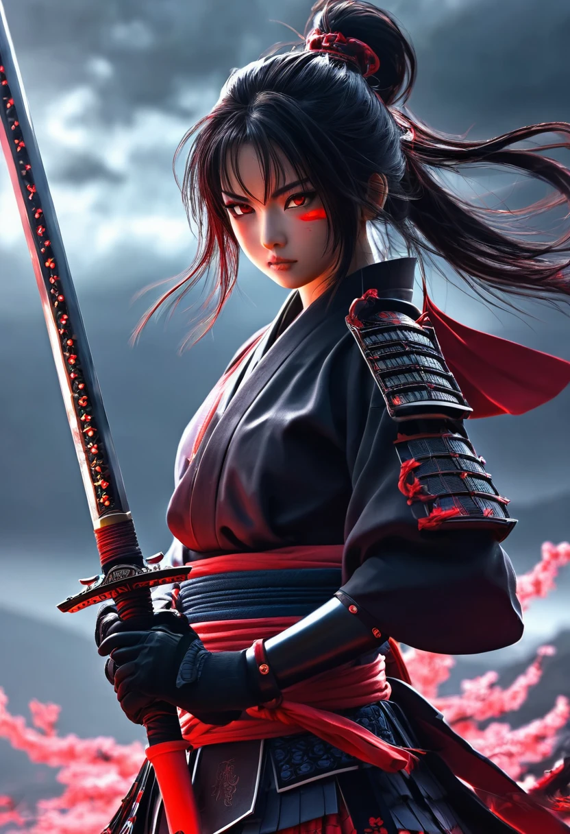 A samurai girl holding a sword(anime character), epic version, anime version, sword in red aura, deadly eyes, seriousness, cloudy environment, dark environment, hair tight, cool armour, going to strike, anime character