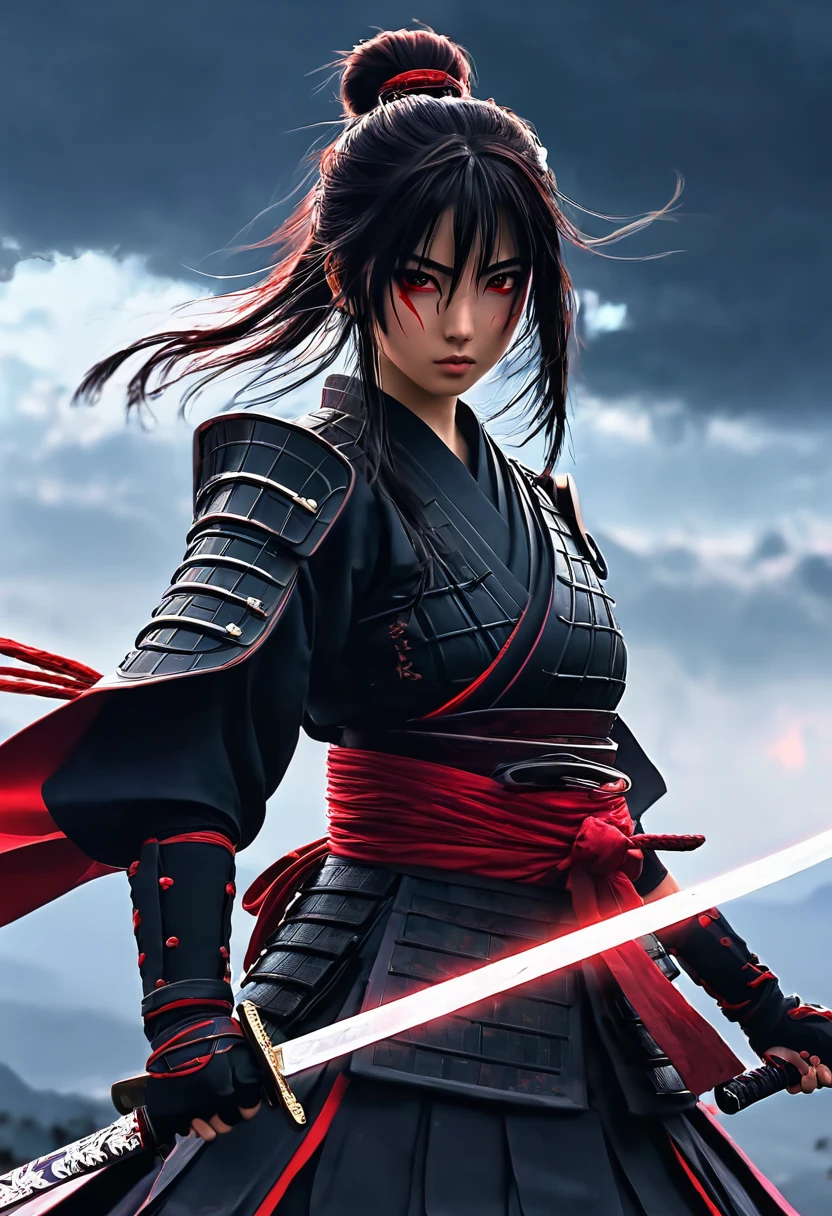 A samurai girl holding a sword(anime character), epic version, anime version, sword in red aura, deadly eyes, seriousness, cloudy environment, dark environment, hair tight, cool armour, going to strike, anime character 