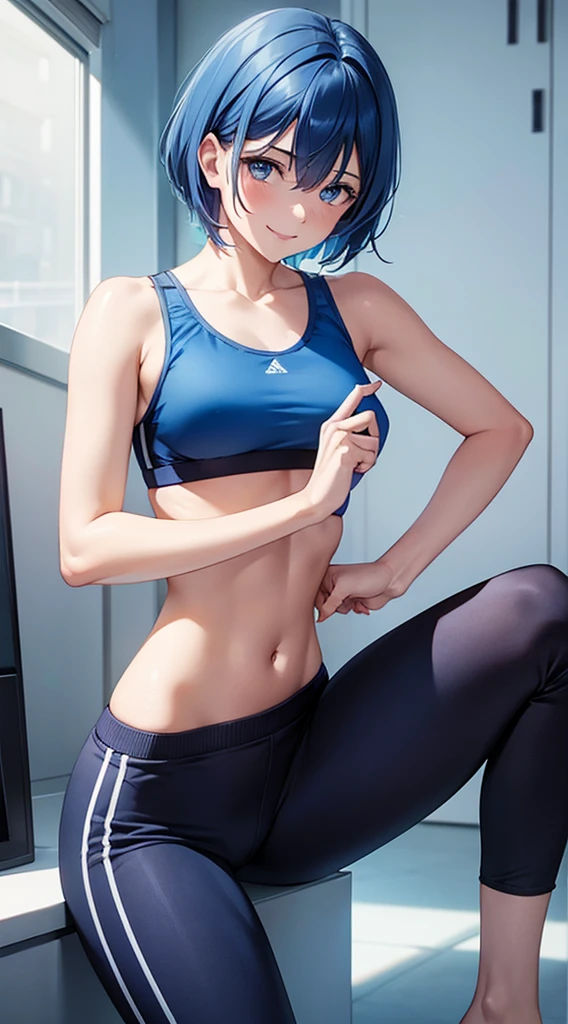 Girl short hair Blue hair Blue eyes Blue matching Smile confidently Correct limbs, leaning forward, sports bra and pants, hands and knees 