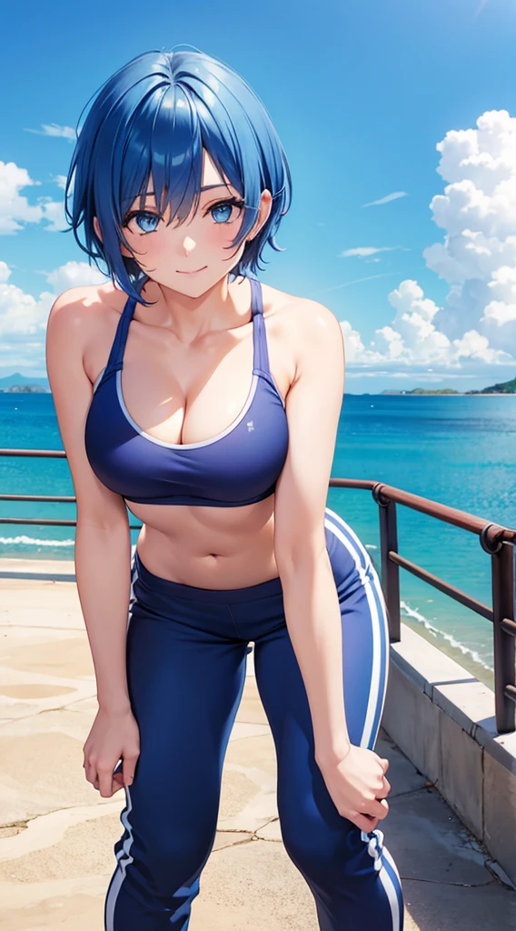 Girl short hair Blue hair Blue eyes Blue matching Smile confidently Correct limbs, leaning forward, sports bra and pants, hands and knees