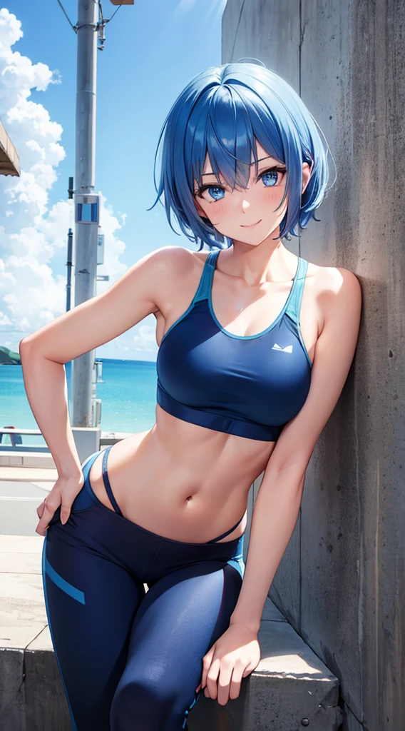 Girl short hair Blue hair Blue eyes Blue matching Smile confidently Correct limbs, leaning forward, sports bra and pants, hands and knees