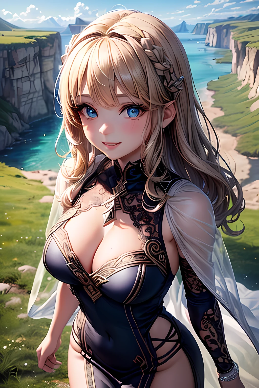 ((masterpiece)), ((best quality)), (ultra-detailed), ((kawaii)), cute, ((lovely)), ((extremely detailed)), (detailed face), (depth of fields), (detailed eye), (detailed facial features), (detailed clothes features), 4K, (8K), best quality, (beautiful), illustration, a cute girl, (1 girl), (Cowboy Shot), (from above:1.3), outside, (valley:1.1), (walking:1.2), (Norse goddess of destiny), (They are wearing Norse goddess lace dress), (Norse goddess lace dress with many decorations:1.3), (They are wearing very revealing Norse goddess lace dress:1.3), (Norse goddess cleavage cutout dress:1.3), (Transparent lace cape:1.3), beautiful brown hair, (wave hair), (short bob), beautiful blue eyes, ((beautiful eyes)), necklace, (smile)