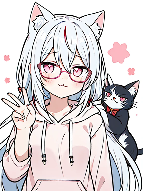best quality, masterpiece, 1 girl, li, upper body, hairs between eyes, female, pink eyes, long hair, small breasts, glasses, :3, wink , cat ears, white hair, silver hair, streaked hair,hoodie, murder, hair ribbon