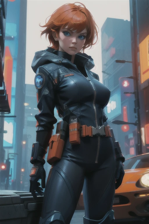 atmospheric scene,  masterpiece,  best quality,  (detailed face,  detail skin texture,  ultra-detailed body),  (cinematic light:1.1), ((1girl)),  Sexy Experienced Cyberpunk Agent, short orange hair,  (blue eyes),  (Wearing: futuristic black tight jumpsuit, utility belt, boots),  sexy body,  looking fiercely at the viewer. Cyberpunk landscape,  science fiction,  cinematic blur,  dynamic lights