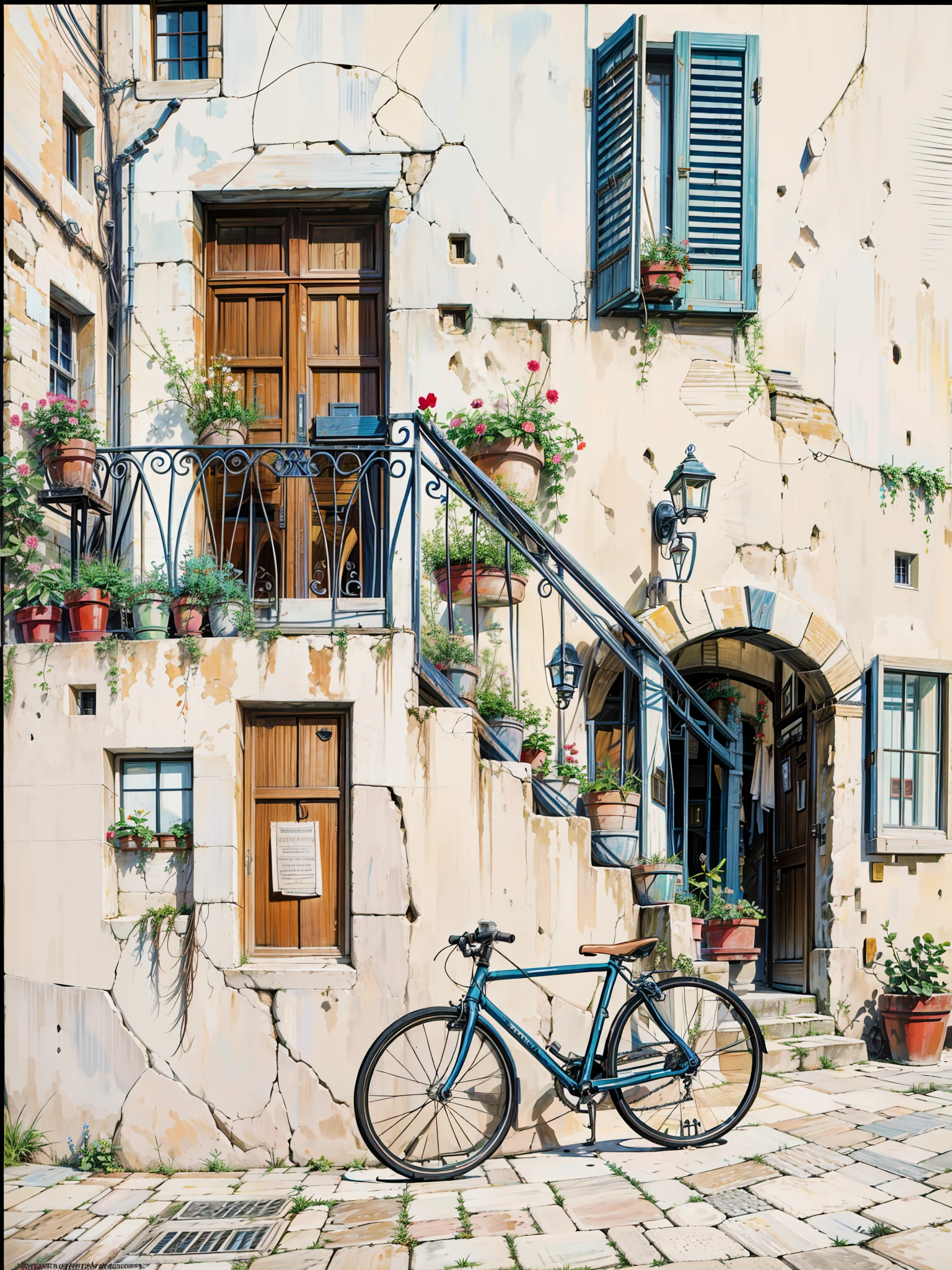 Painting of a bicycle is parked in front of a building, mediterranean architecture, apulia, ancient mediterranean village, narrow and winding cozy streets, italian mediterranean city, quaint, fantasy italy, italy, quaint village, ancient mediterranean city, old city, narrow streets, narrow street, mediterranean city, whitewashed buildings, french village exterior, greek architecture, french village interior, a quaint, 4k hd,, beautiful art uhd 4 k, a beautiful artwork illustration, beautiful digital painting, highly detailed digital painting, beautiful digital artwork, detailed painting 4 k, very detailed digital painting, rich picturesque colors, gorgeous digital painting
