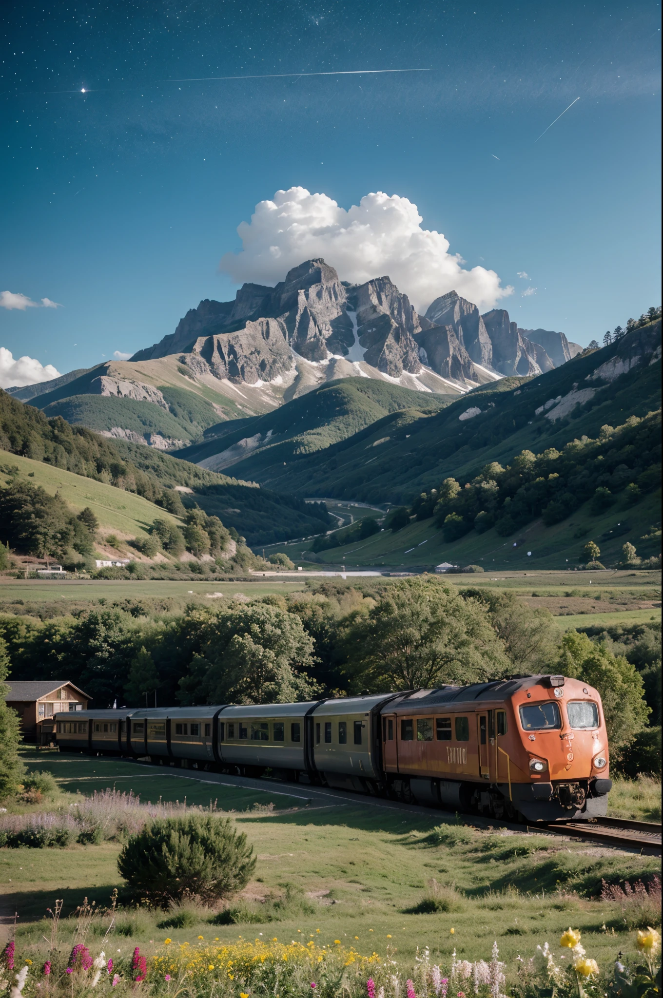 A train running through a flower field, mountains in the background, lake in the foreground. starry sky