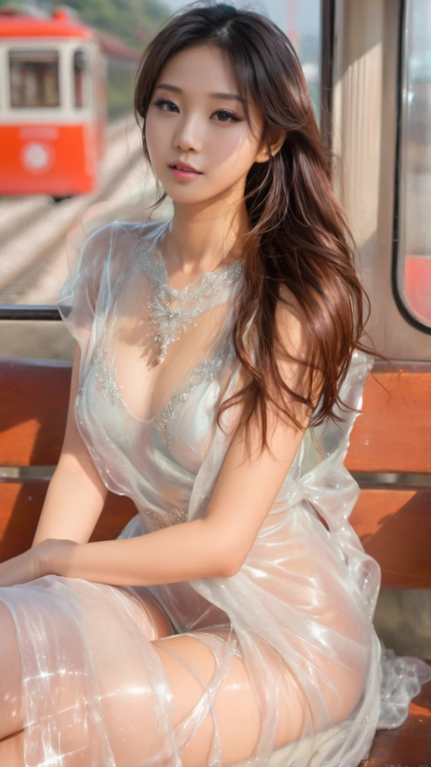 Close-up of a woman sitting on a bench near a train, sexy girl, translucent dress, japanese goddess, fascinating and charming, chinese girl, beautiful korean woman, asian girl, sexy :8, gorgeous chinese model, covered with transparent cloth, mysterious beauty, translucent silky dress, beautiful asian girl, asian women, Chinese female, translucent body, beautiful asian women