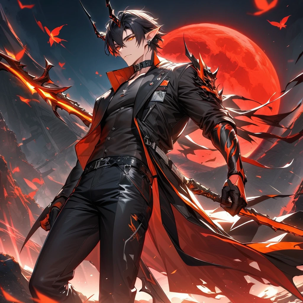 (absurdres, highres, ultra detailed, HDR), master piece, best quality, vibrant orange eyes, 1man, handsome face, Flamebringer, Arknights, black short hair, hair between the eyes, pointy ears, black horns, black leather pants, black collar, red moon, red butterflies, red flames,red moon