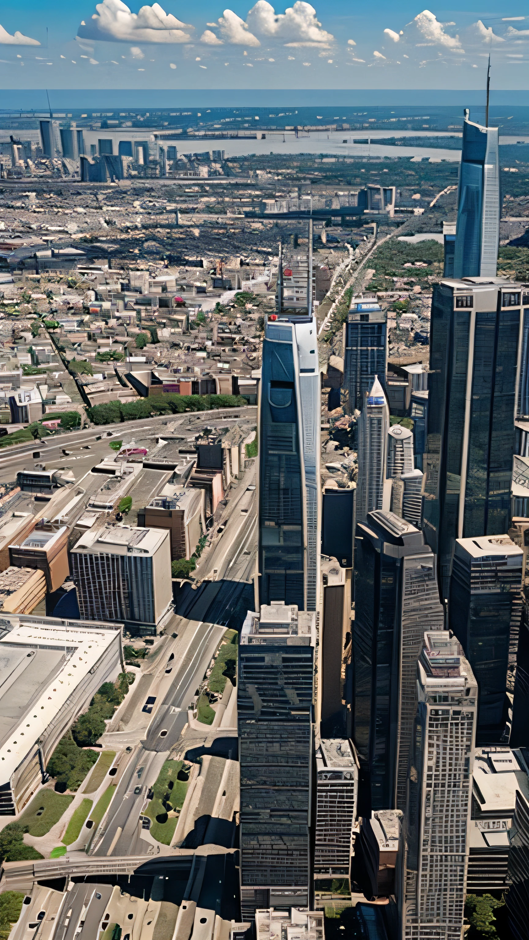 The city is hot and sultry with many people passing by. The view from above has the sky