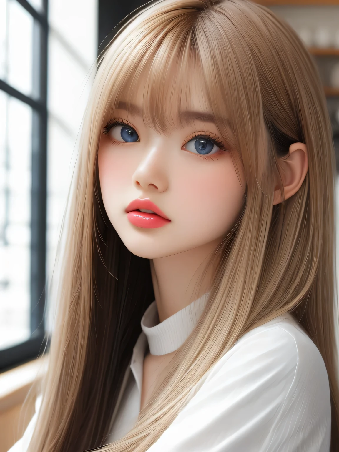 1 girl、Portrait、、blue sky、Bright and beautiful face、young, white and shining skin、best looks、Blonde hair that reflects the light、Beautiful platinum blonde super long silky straight hair gloss、long bangs、An extremely beautiful 、Big eyes that shine in clear light blue、beautiful lovely beautiful girl